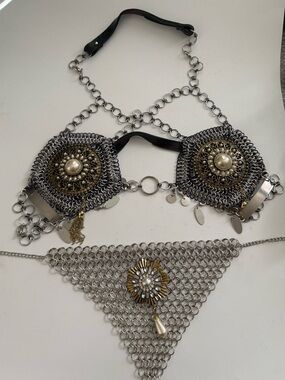 Chainmail Bra & Bikini Set with Pearl Medallions